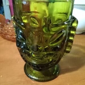 Vintage luau Hawaiian tiki bar heavy green glass goblet 6" two face